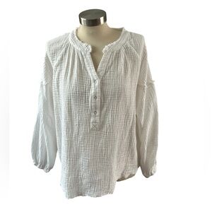 Promesa White Gauze Henley Blouse with Button Placket